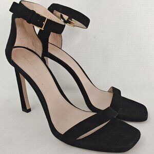 Stuart Weitzman Square Nudist 100 Pump Heels Black Suede Ankle Strap